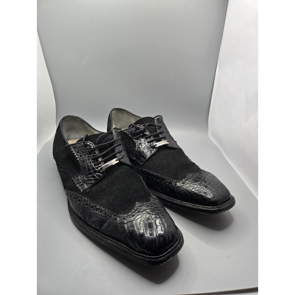 Belvedere Mens Wingtip Oxfords Black Leather Crocodile‎ Square Toe Lace Up 9.5
